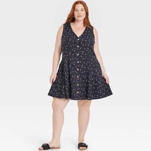 Universal Thread Godet Mini Button Front A-Line Dress Floral NWT 2X Navy NEW